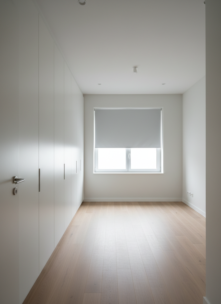 A staged, unfurnished model apartment bedroom emphasizing flexibility for growth, with smooth white walls, a large window framed by simple light-gray blackout shades, and neutral-toned carpet or pale hardwood. Built-in floor-to-ceiling wardrobes with flat, handle-less white doors line one side of the room, suggesting generous storage space. Soft morning daylight filters through the window, creating diffused illumination and delicate shadows at the corners of the room. The atmosphere is quiet, orderly, and full of possibility, with no clutter or decoration. Captured from the doorway at eye level with a moderate wide-angle lens, the composition shows the full room proportions in crisp, photographic realism, ideal for helping prospective tenants imagine their own furniture and future in the space.