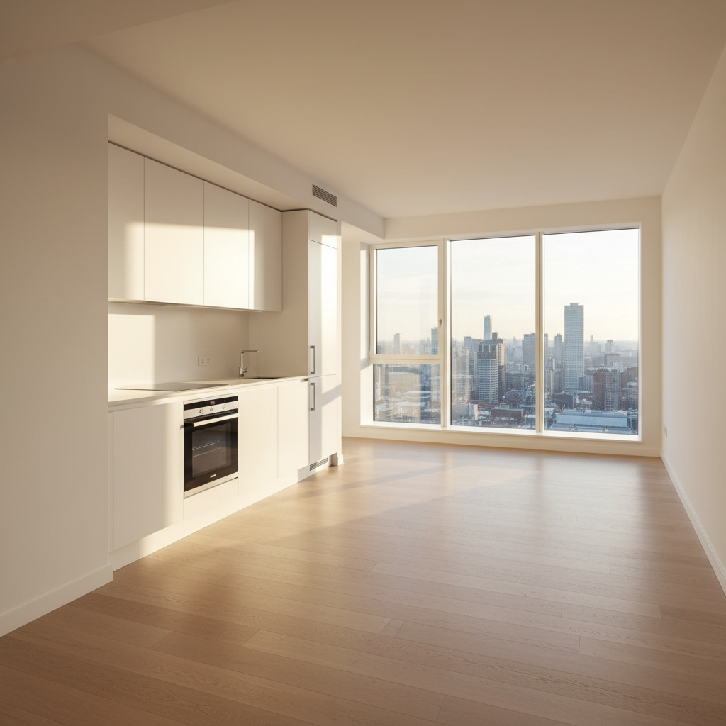A bright, modern apartment interior with an open-plan living and dining area, featuring light oak floors, matte white walls, and floor-to-ceiling windows revealing a blurred cityscape. A built-in, minimalist white kitchenette with integrated appliances lines one wall, while the opposite side shows a simple, unfurnished living space ready for customization. Afternoon natural light floods the room, creating gentle reflections on the floor and subtle shadows along the baseboards. The atmosphere feels fresh, spacious, and full of potential, aligning with the idea of growth. Photographed from a slightly elevated corner angle with sharp focus throughout, the composition showcases the full depth of the space in clean, photographic realism, ideal for presenting a versatile rental apartment.