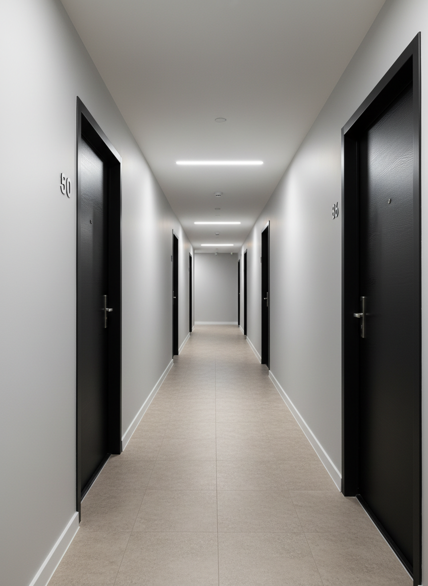 A detailed view of a high-end apartment corridor, conveying safety and growth potential, with smooth light-gray walls, matte black apartment doors featuring subtle wood grain, and concealed LED strip lighting along the ceiling edges. The floor is covered in a durable, stone-textured vinyl in a neutral tone, with clear white apartment numbers beside each door. Soft, even artificial lighting eliminates harsh contrasts, creating a professional and well-maintained atmosphere. The perspective is a long, slightly off-center vanishing point view down the hallway, captured at eye level with strong linear depth, leading the eye forward. The mood is orderly, secure, and quietly upscale. Photographic realism and clean, modern composition make this ideal for emphasizing the quality and reliability of the apartment building’s common areas.