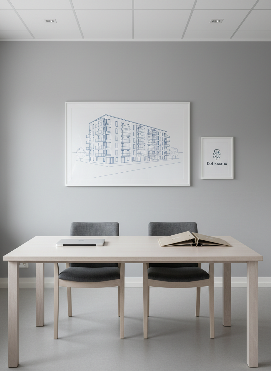 A professional meeting area within an apartment leasing office, designed in a minimal Nordic style. A pale wood table with clean lines stands in the center, with two simple upholstered chairs pushed neatly under it, and a closed laptop and organized folder stack resting on the tabletop. Behind, a large wall-mounted blueprint of the apartment building and a subtle, framed logo reading “Kotikaarna” decorate a soft gray wall. Indirect daylight from an unseen window combines with discreet recessed ceiling lights, producing balanced, neutral-toned illumination with gentle, professional shadows. The mood is orderly, trustworthy, and businesslike. Shot from a slightly elevated angle with a medium depth of field, the composition keeps all key elements sharp, in realistic, corporate-grade photographic style tailored to a property business.