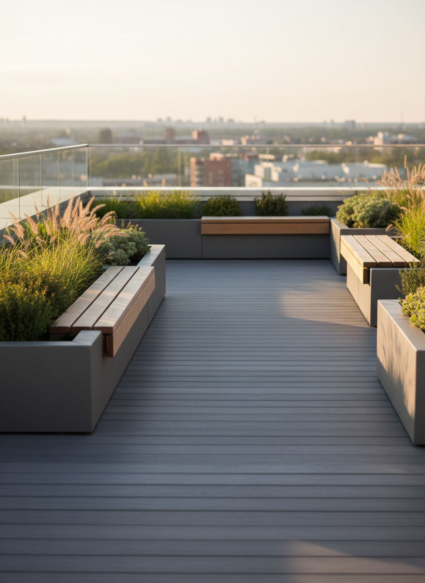 A landscaped shared rooftop terrace on top of a contemporary apartment building, featuring wide composite decking in a muted gray tone, built-in raised planters filled with ornamental grasses and low-maintenance shrubs, and simple fixed wooden benches along the perimeter. A glass safety railing reveals a softly blurred skyline beyond. Late afternoon golden light washes across the surfaces, creating long, gentle shadows and warm highlights on the plants. The mood is serene and aspirational, suggesting a communal space for residents to grow and relax. Captured from a low angle near the deck, looking outward toward the railing, the composition leads the eye along the planks toward the horizon. The photographic style is clean, realistic, and modern, perfect for showcasing added value in an apartment complex.