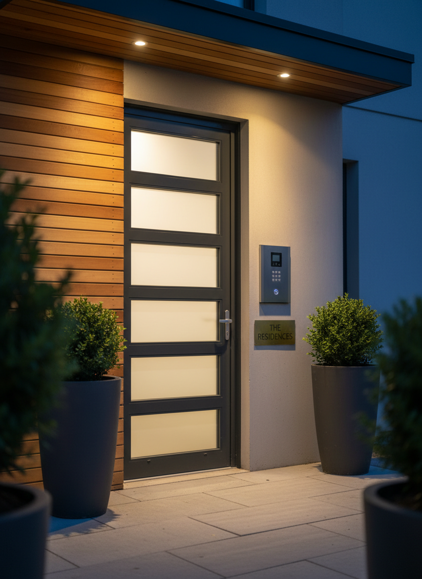 A close-up view of a high-quality apartment building entrance, featuring a tall, charcoal-gray metal door with vertical glass panels, surrounded by smooth concrete and warm wooden slats. A sleek, brushed steel intercom panel and neatly engraved building nameplate appear beside the door. The entrance is framed by carefully arranged potted evergreens on either side, standing on light gray stone tiles. Early evening light mixes with soft, warm LED downlights above the doorway, casting controlled pools of light and subtle shadows. The mood is secure, welcoming, and professional. Shot at eye level with a slight side angle, the composition focuses tightly on the entrance details with a shallow depth of field, creating a premium, photographic look that conveys trust and quality for an apartment business.