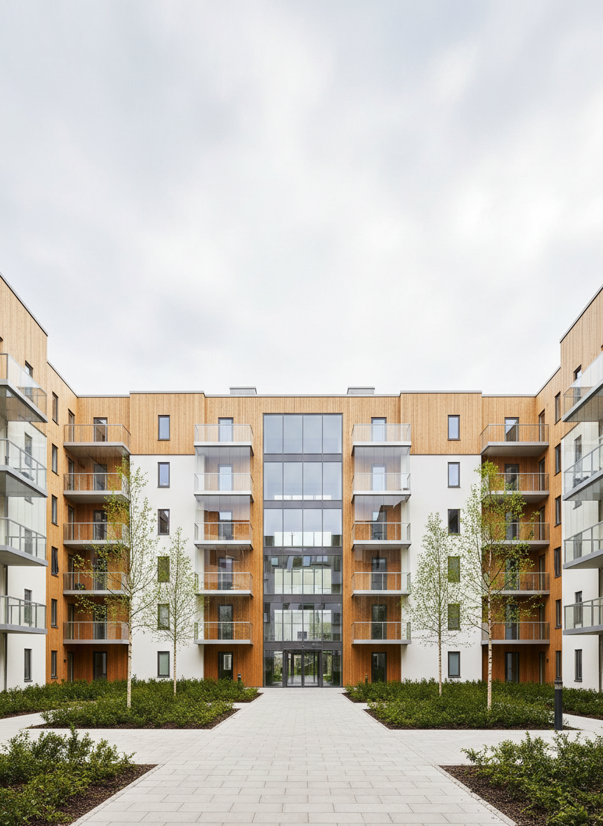 A newly constructed, mid-rise apartment building with clean Scandinavian-inspired architecture, featuring light wood cladding, white plaster facades, and generous glass balconies. The building is set within a landscaped urban courtyard with neatly trimmed shrubs, young trees, and a paved walkway leading toward the main entrance. Soft, slightly overcast daylight creates even, photographic lighting, highlighting the textures of the materials without harsh shadows. The mood is calm, professional, and optimistic, suggesting room for growth and a solid foundation. Captured at eye level with a wide-angle lens, the composition emphasizes the building’s symmetry while leaving space around it for sky and greenery, in a realistic, contemporary style suitable for a real estate business website hero image.