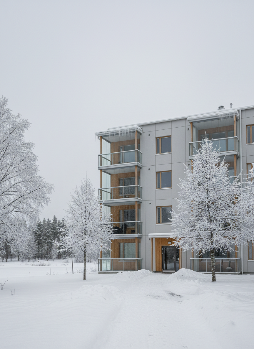 A newly constructed, mid-rise apartment building with clean Scandinavian-inspired architecture, featuring light wood cladding, white plaster facades, and generous glass balconies. The building is set within a landscaped urban courtyard with neatly trimmed shrubs, young trees, and a paved walkway leading toward the main entrance. Soft, slightly overcast daylight creates even, photographic lighting, highlighting the textures of the materials without harsh shadows. The mood is calm, professional, and optimistic, suggesting room for growth and a solid foundation. Captured at eye level with a wide-angle lens, the composition emphasizes the building's symmetry while leaving space around it for sky and greenery, in a realistic, contemporary style suitable for a real estate business website hero image.