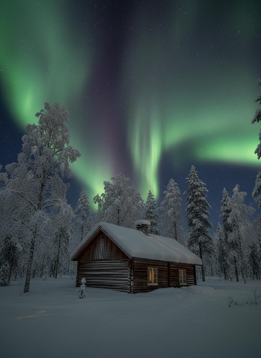 A small Finnish wooden cabin under northern lights aurora borealis in winter